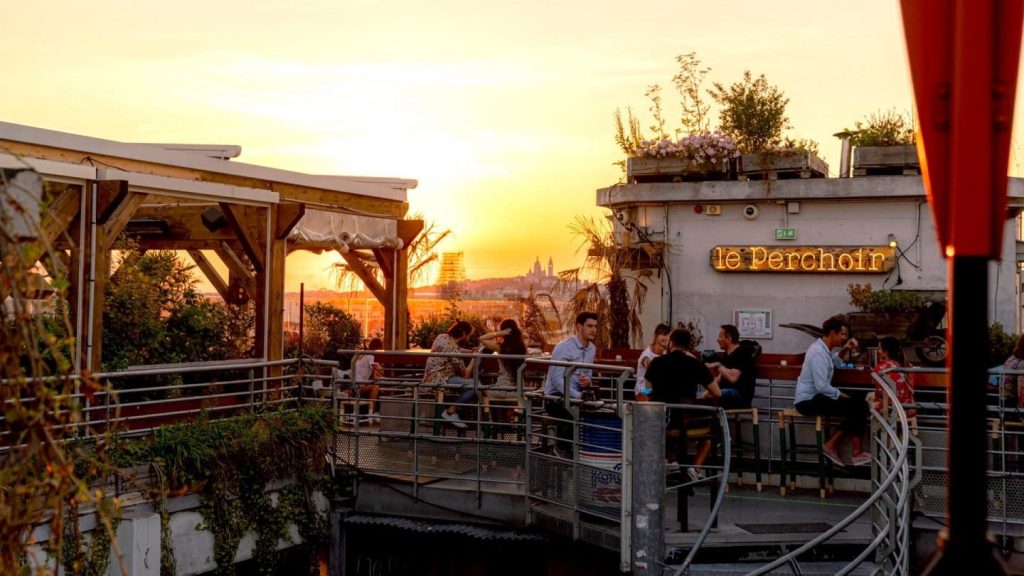 Le Perchoir Menilmontant outdoor at sunset in Paris, France. 