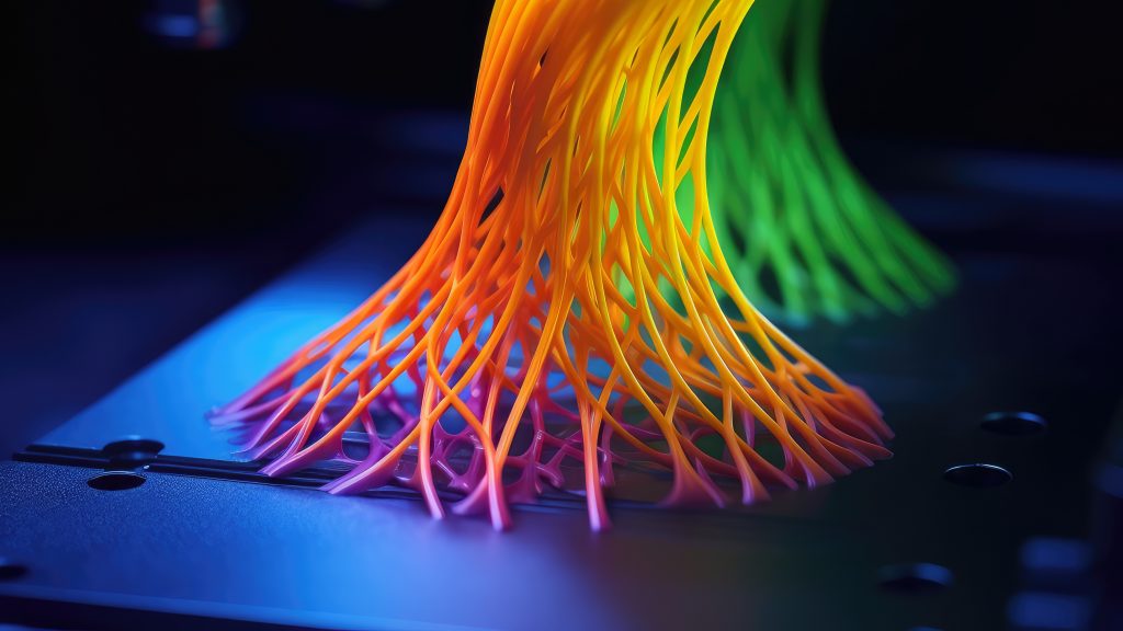 Close-up of a 3D printer's nozzle extruding vibrant colored filament onto a printing bed, creating intricate and detailed 3D models