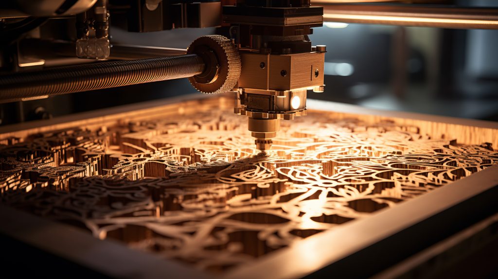 A laser machine cutting a piece of wood