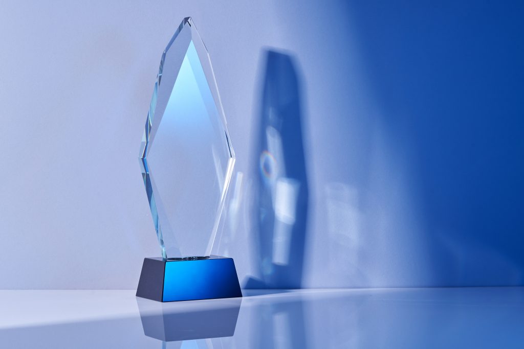 Close up of glass or crystal trophy