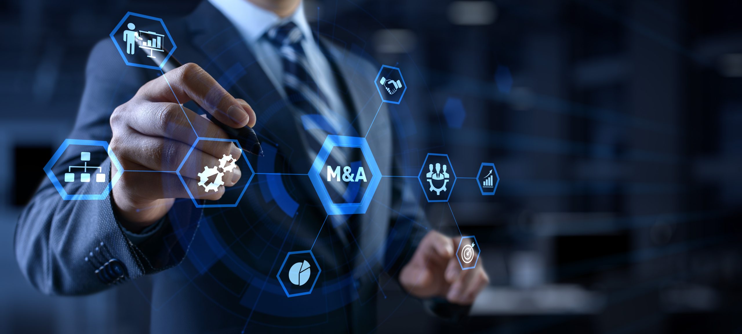 M&A Merger and acquisition business finance concept. Businessman pressing button.