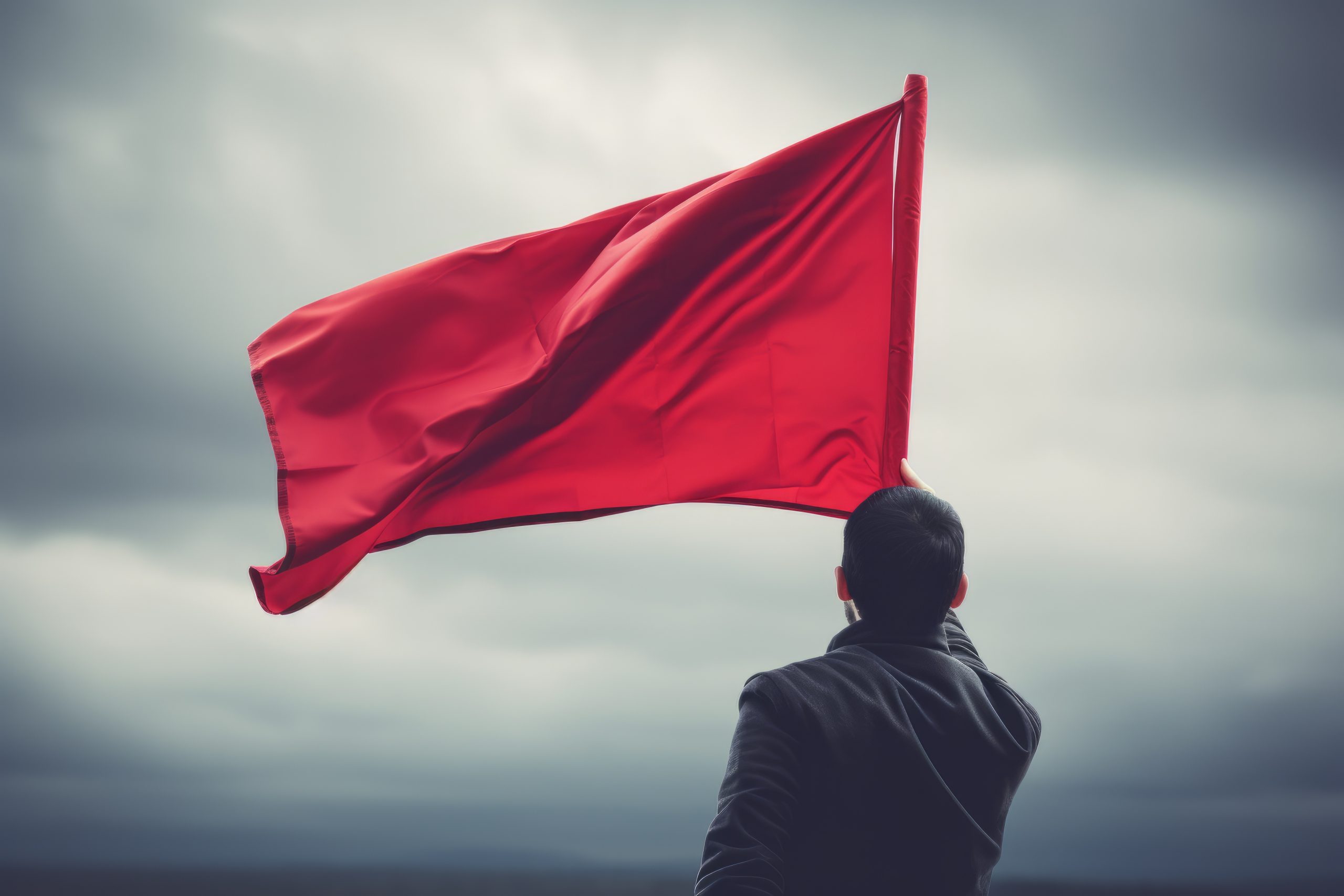 Hand holding red flag against blue sky