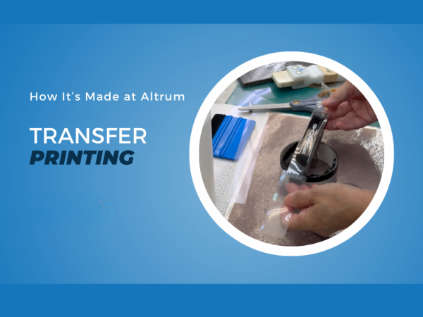 A visual representation of the transfer printing technique, showing the concept of transferring a printed design or pattern onto a surface.