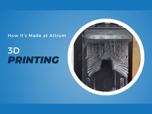 Graphic titled \"How It's Made at Altrum: 3D Printing\" featuring a 3D printer creating a custom component, showcasing the additive manufacturing process used to produce detailed prototypes and custom award elements.